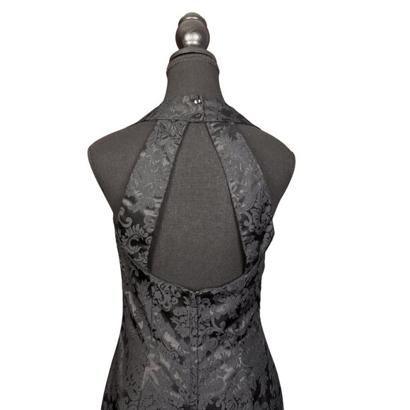 Vintage 90s Jessica McClintock Halter Mini Dress | Black Brocade Cocktail Dress - Picture 4 of 8